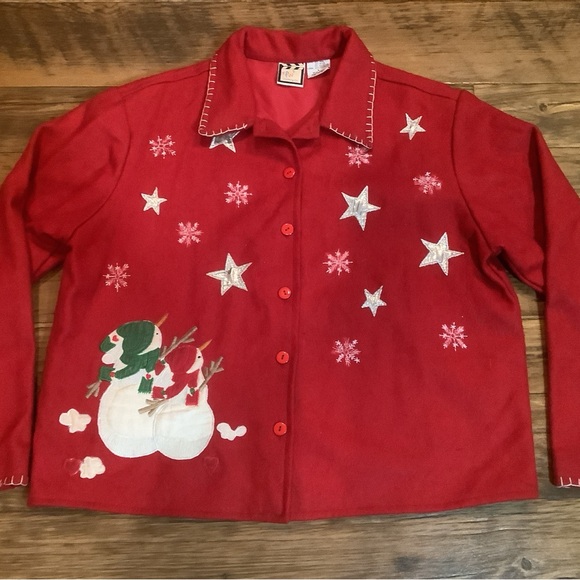 Wool Women's Cardigan Jacket Shirt L Button Front Red Snowman Stars Christmas - Picture 1 of 6